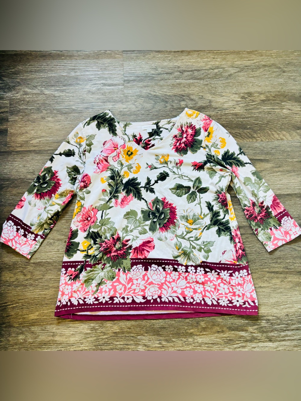 Floral Scoop Neck Women's Top in White with Pink & Green Print